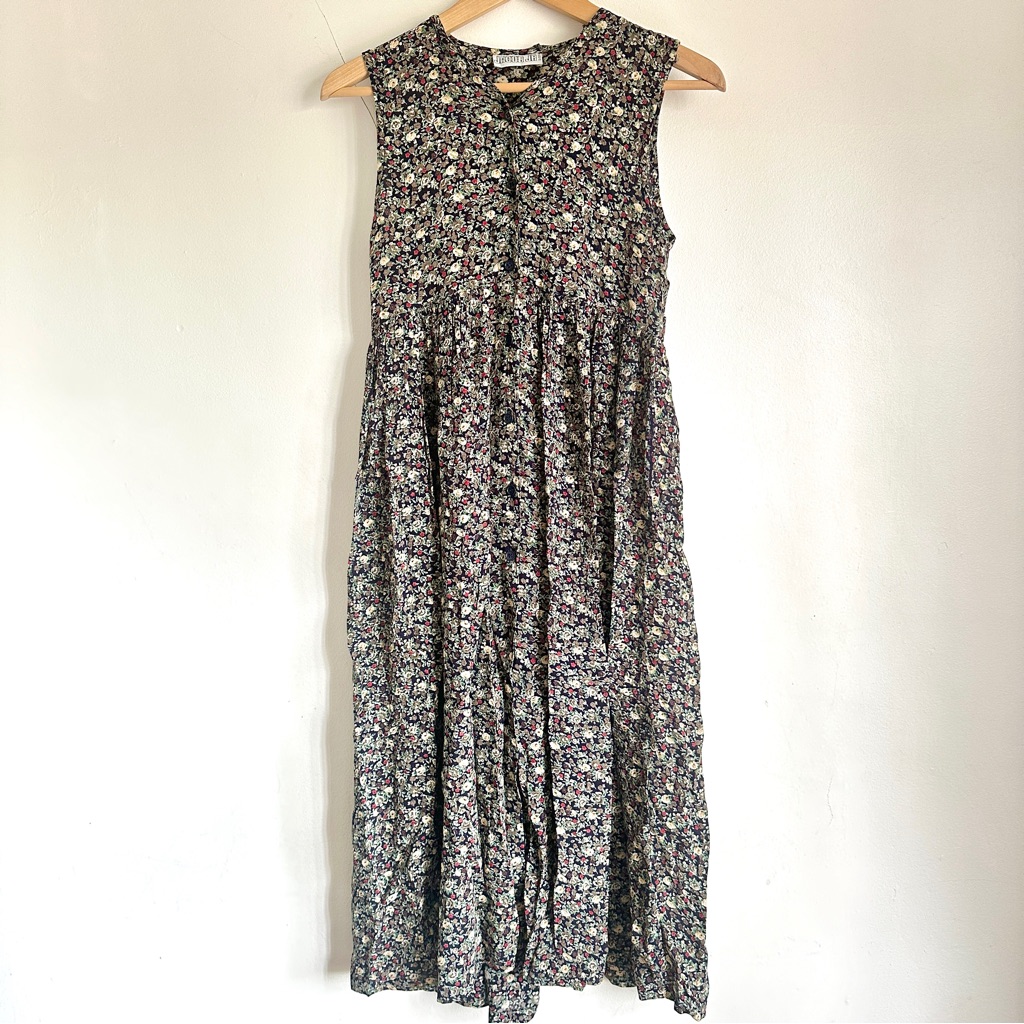Vintage Midi Pleated Buttoned Dress Floral Sleeveless Neutral Xs S